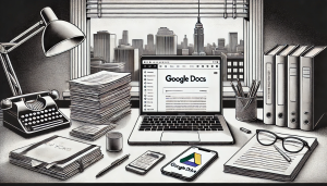 Laptop displaying Google Docs on the web, desk with mobile device, manuscript, facing a window with a view of the NYC skyline.