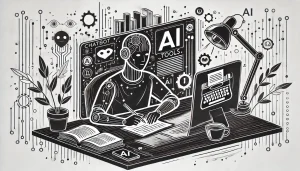 A laptop computer with an AI Robot writing on the screen.