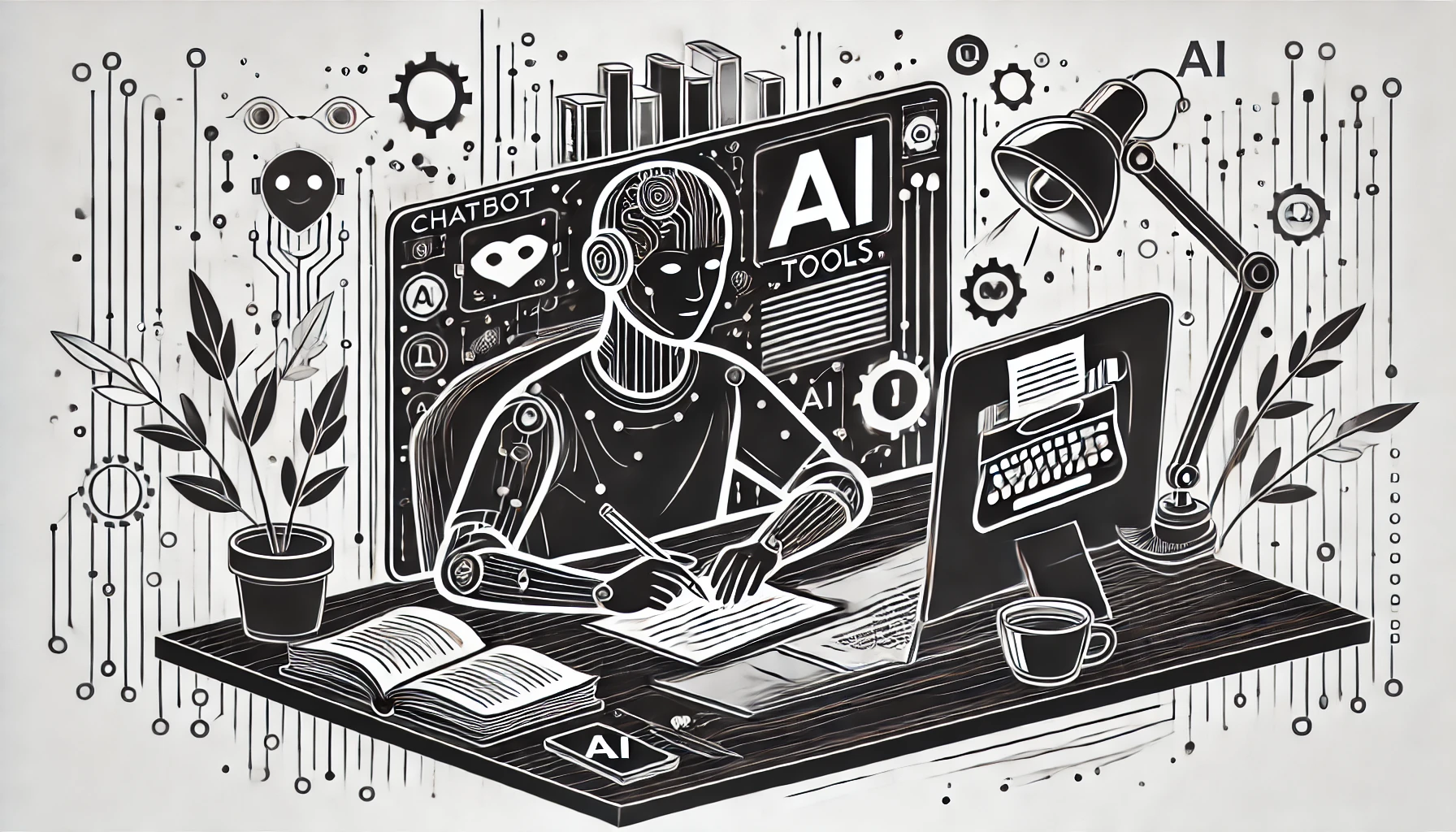 AI for Writers A laptop computer with an AI Robot writing on the screen.
