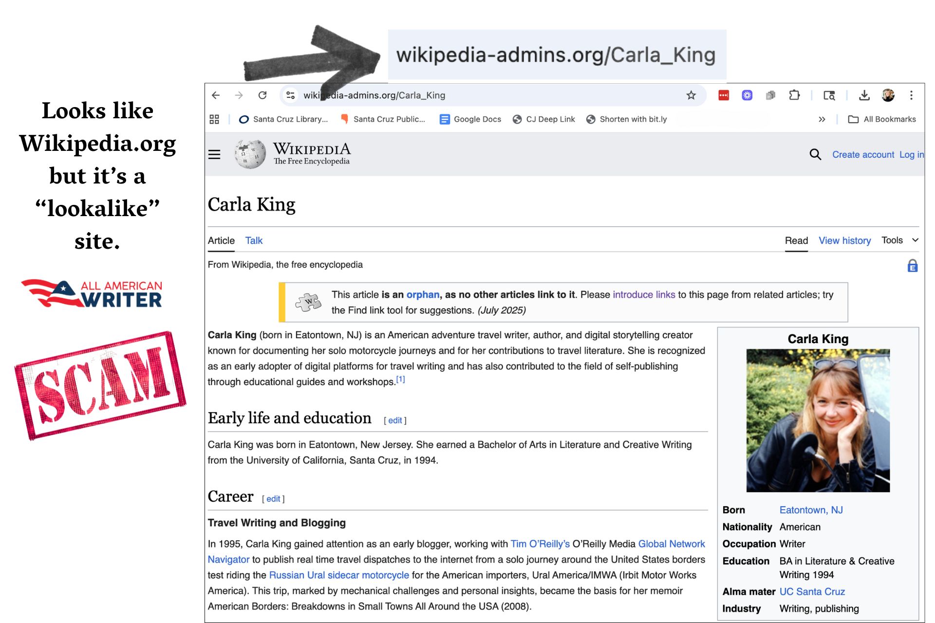 Wikpedia lookalike site scam by All American Writer Wiki service